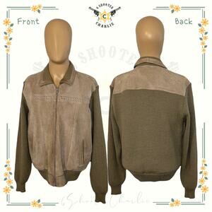 VINTAGE Chartwell Geniune Suede Leather Zip Up Jacket Knit Sleeve Womens Size XL